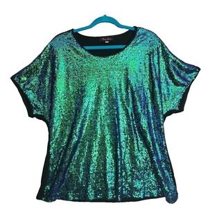 Hanna Nikole Women Shirt 16W Mermaid Sequin Short Sleeve Jersey Stretch Knit